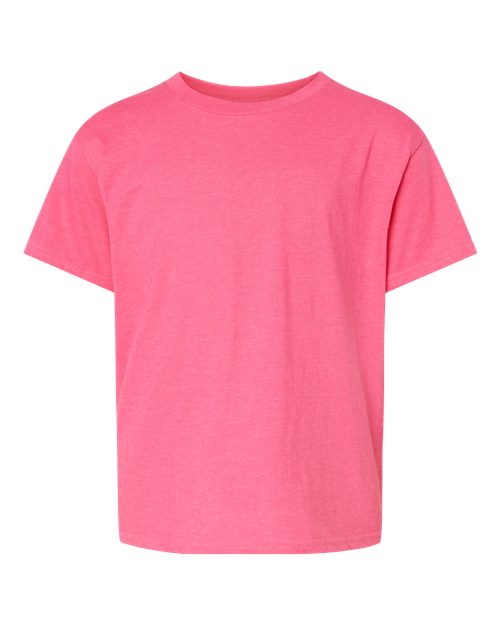 Load image into Gallery viewer, The Gildan - Softstyle® Youth CVC T-Shirt, shown on a white background, features a plain pink color, short sleeves, and a round neck. Made from soft ring-spun cotton by Gildan, it reflects simplicity and sustainability in design.
