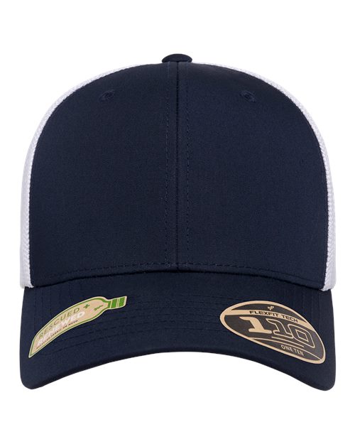 Load image into Gallery viewer, The Flexfit - 110® Recycled Mesh Cap by Flexfit is a navy blue cap with a black bill, white mesh back, and two front stickers: one green with crossed bats and the other featuring &quot;FLEXFIT 110&quot; text. Made from recycled polyester, it offers comfort with Flexfit® Tech.
