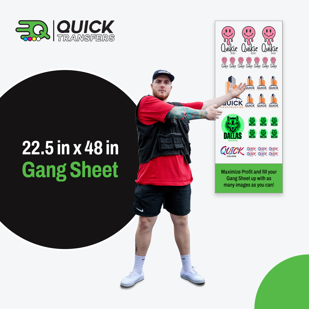 A person wearing a red shirt, black shorts, and white sneakers gestures towards a banner highlighting custom gang sheet designs. The text on the image states &quot;22.5 in x 48 in Gang Sheet&quot; and &quot;Maximize Profit,&quot; emphasizing enhanced profitability through Quick Transfers&