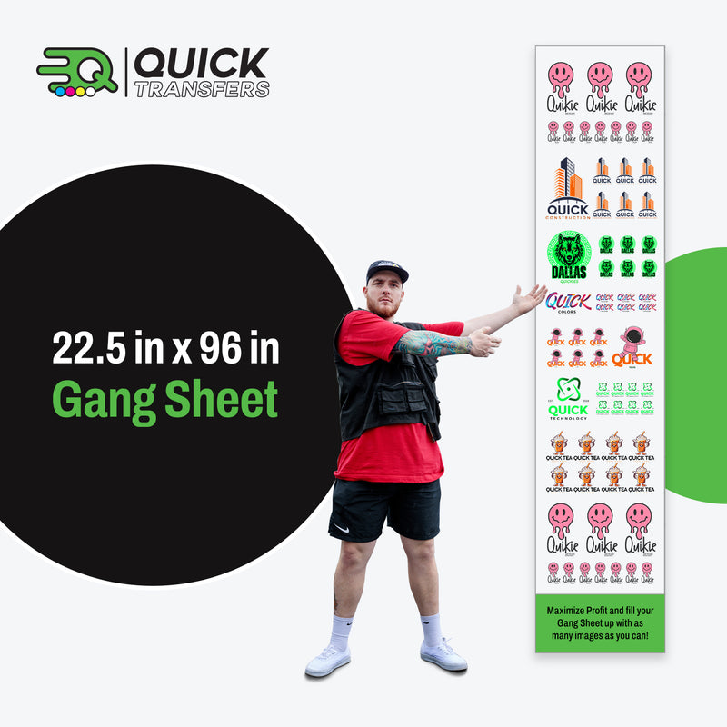 Load image into Gallery viewer, A person wearing a black vest and red shorts gestures towards a tall printed sheet labeled &quot;22.5 in x 96 in Gang Sheet,&quot; featuring custom designs from the FASTFILM™ DTF TRANSFERS by Quick Transfers. The vibrant display includes pink faces, buildings, and text like &quot;Quick&quot; and &quot;Dallas,&quot; bringing their DTF gang sheet printing to life.
