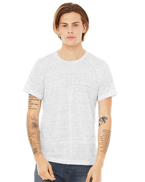 Facing forward against a plain white background, a person with shoulder-length hair wears the unisex BELLA + CANVAS - Texture Tee in a light speckle design, made from Airlume combed and ring-spun cotton. Their tattooed arms rest at their sides, highlighting its sustainable manufacturing.