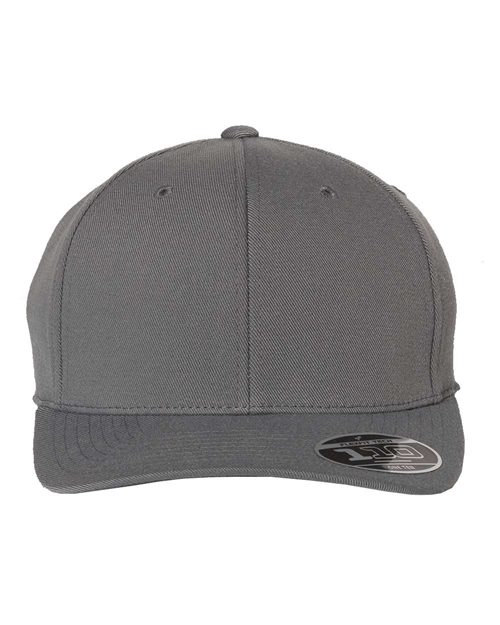 Load image into Gallery viewer, The Flexfit - 110® Pro-Formance® Cap is a structured gray baseball cap with a curved brim, featuring advanced moisture-wicking technology and reinforced front panels. A small circular sticker with text and graphics adorns the right side of the brim for added style.
