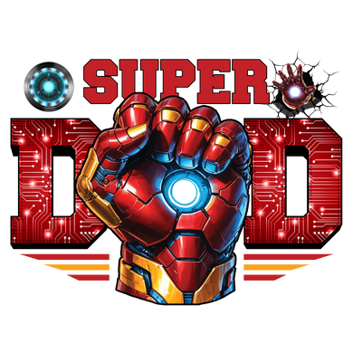 A metallic red and gold armored hand with a glowing core is raised in a fist. Above it, bold red letters read 