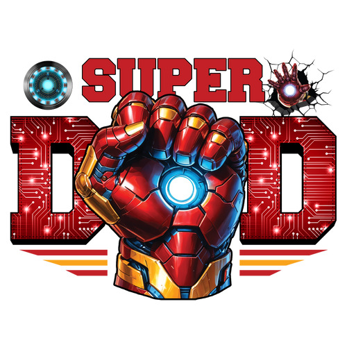 A metallic red and gold armored hand with a glowing core is raised in a fist. Above it, bold red letters read 