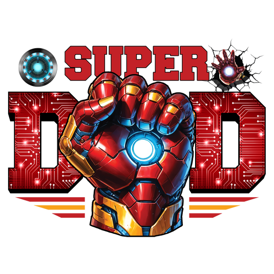 A metallic red and gold armored hand with a glowing core is raised in a fist. Above it, bold red letters read 