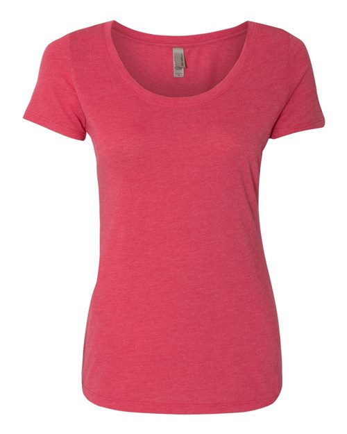 Load image into Gallery viewer, The Next Level Women’s Triblend Scoop Neck T-Shirt, featuring a red color, short sleeves, and triblend baby rib collar, is elegantly showcased on a white background, highlighting its feminine curve with a stylish design.
