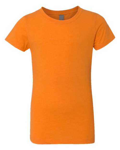 The Next Level - Girls’ CVC Princess T-Shirt is showcased on a plain white background. Crafted from soft combed ring-spun cotton, this orange short-sleeve tee has a classic crew neck and a simple design, reflecting socially conscious manufacturing by the brand Next Level.