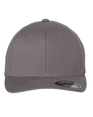 The Flexfit - V-Flexfit® Cotton Twill Cap is a plain gray baseball cap made from cotton twill. It features a curved brim, front sticker, button on top, and stitched eyelets for ventilation.