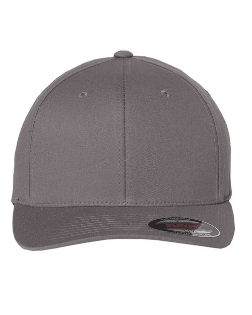 Load image into Gallery viewer, The Flexfit - V-Flexfit® Cotton Twill Cap is a plain gray baseball cap made from cotton twill. It features a curved brim, front sticker, button on top, and stitched eyelets for ventilation.
