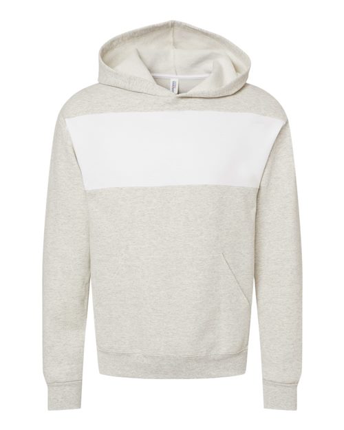 Load image into Gallery viewer, The JERZEES Snow Heather French Terry Raglan Hooded Sweatshirt in light gray features a soft texture, white chest stripe, hood, and front pocket, set against a white background. This piece from JERZEES highlights sustainable manufacturing practices.
