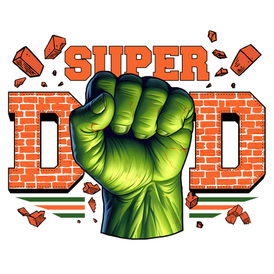 A large green fist breaks through a brick wall with 