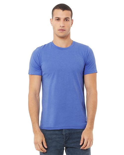 Load image into Gallery viewer, A person in a BELLA + CANVAS CVC Jersey Tee, made from cozy Airlume combed cotton, and blue jeans stands against a white background, facing forward with a neutral expression.
