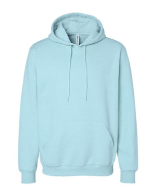 The JERZEES - Eco™ Premium Blend Ring-Spun Hooded Sweatshirt, a light blue hoodie made from recycled polyester, features a front pocket and drawstring hood and is shown on a white background.