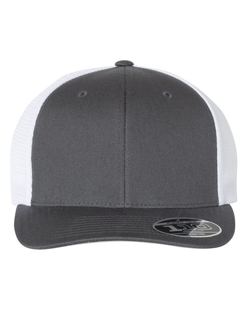 The Flexfit - 110® Mesh-Back Cap is gray and white, featuring Flexfit® Tech. It has a solid gray front, white mesh back, mid-profile Permacurv® visor, adjustable snapback closure, and a brim sticker.