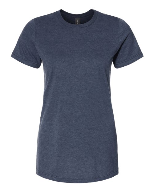 Load image into Gallery viewer, The Gildan Softstyle® Women&#39;s CVC T-Shirt is a plain, short-sleeved, crew-neck in dark heather blue, elegantly displayed on white. Made with Softstyle fabric and OEKO-TEX certified, it ensures sustainable manufacturing while maintaining comfort and style.
