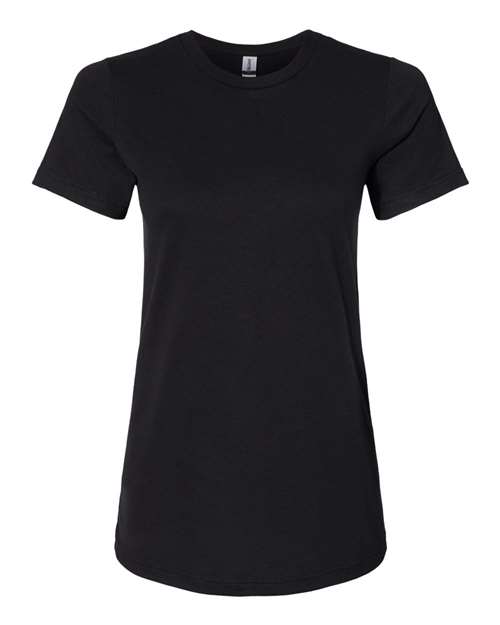 Load image into Gallery viewer, The Gildan - Softstyle® Women&#39;s CVC T-Shirt, crafted with Softstyle fabric, is a plain black short-sleeve design on a white background. It features a crew neck and classic style, emphasizing sustainable practices and is OEKO-TEX certified for eco-friendly assurance.
