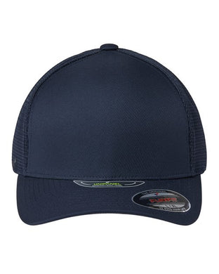 The Flexfit Unipanel™ Trucker Cap features a dark navy design with a pre-curved visor, mesh sides, and Flexfit technology for an ideal fit. Displayed front-facing, it includes a sticker on the brim.