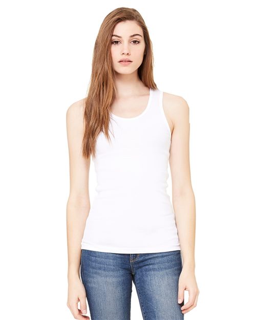 A person with long brown hair is wearing the BELLA + CANVAS Women's Baby Rib Tank, a slim-fit made from Airlume combed cotton, and blue jeans. They face forward with a neutral expression, standing against a plain white background to showcase simplicity and eco-friendly fashion.