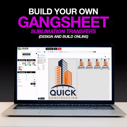 A laptop displays a design tool featuring the Quick Transfers logo with tall buildings. Bold text invites you to 