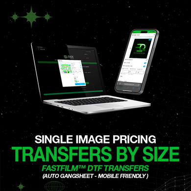 A digital ad features a laptop and smartphone with a sleek green and black interface displaying the Quick Transfers logo. It announces 