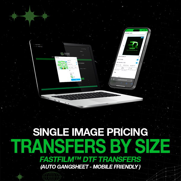 Load image into Gallery viewer, A digital ad features a laptop and smartphone with a sleek green and black interface displaying the Quick Transfers logo. It announces &quot;FASTFILM™ DTF Transfers - Pricing by Size, High-Quality Auto Gangsheet Printing - Mobile Friendly&quot; against a backdrop adorned with green stars.
