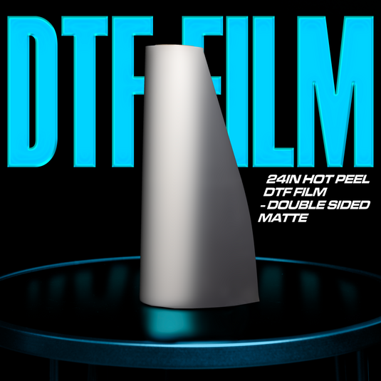 A 24-inch DTF Locker Hot Peel DTF Film with double-sided matte finish is showcased on a table, with large blue text in the background partially spelling 