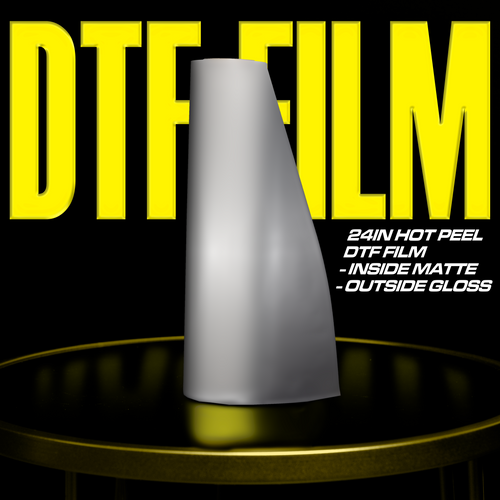 A roll of DTF Locker's 24in Hot Peel DTF Film - Single Side Matte is showcased against a black background with large yellow text: 