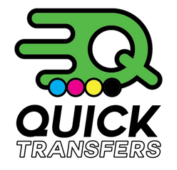 Logo of Quick Transfers featuring a stylized green "Q" with motion lines, above four circles in blue, pink, yellow, and black. The words "Quick Transfers" are written in bold, black letters below.