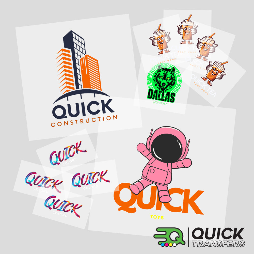 Discover the "QUICK" logo collection by Quick Transfers, featuring distinctive designs: a cityscape symbolizing construction, a pink astronaut representing toys, a lion head emblazoned with "DALLAS," a cartoon drink labeled "SlyCeS," and cutting-edge tech-themed transformations. All designs utilize high-quality FASTFILM™ DTF TRANSFERS, available in various colorful text variations and sizes.