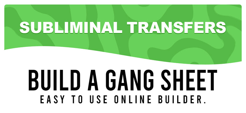 Load image into Gallery viewer, A green and white banner displays &quot;Quick Transfers&quot; with &quot;SUBLIMATION TRANSFERS - Build a Gang Sheet&quot; below in bold black text, ideal for custom or sublimation gang sheet printing using an easy online builder.

