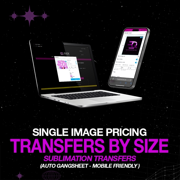 Load image into Gallery viewer, A laptop and smartphone show a digital platform titled &quot;SUBLIMATION TRANSFERS - Transfers By Size&quot; by Quick Transfers, featuring image transfers pricing. The mobile-friendly interface is enhanced with star-like patterns in the background.
