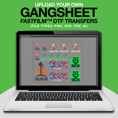 A laptop showcases design software featuring a gang sheet builder filled with colorful logos and illustrations on a green background. Text above states, 