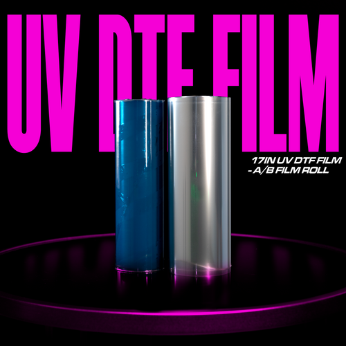 Two film rolls stand on a dark surface, the left one blue and the right transparent. Large pink text above reads 
