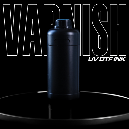 A bottle of DTF Locker's UV DTF Ink - Varnish is displayed on a round reflective surface. The dark background accentuates the large outlined 