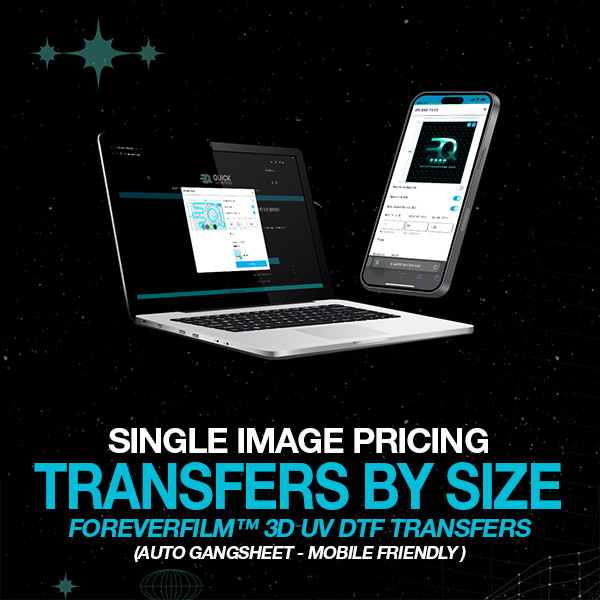 Load image into Gallery viewer, A laptop and smartphone displaying a digital design on a dark background. Text reads: &quot;Single Image Pricing Transfers by Size. Quick Transfers&#39; FOREVERFILM™ 3D UV DTF TRANSFERS, Auto Gangsheet - Mobile Friendly, ideal for custom durable decorations.
