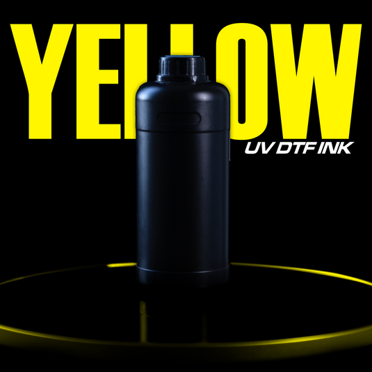A black bottle of DTF Locker's UV DTF Ink - Yellow stands centered on a glowing yellow ring, with bold yellow and white lettering, showcasing vibrant color fidelity for UV Direct to Film printing against a black backdrop.