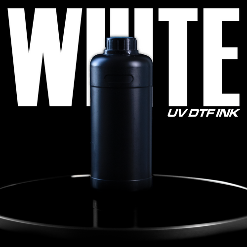 A black bottle on a round platform stands against a dark background, with 