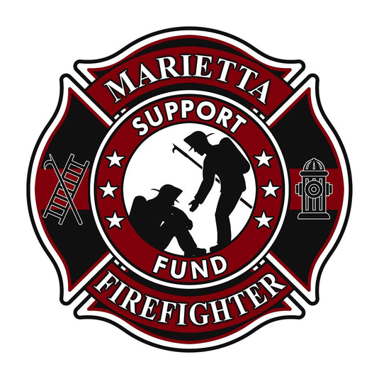 The Marietta Firefighter Support Fund Donation by Quick Transfers features a red, black, and white badge logo showing two firefighters—one aiding another—plus ladder and hydrant symbols with nonprofit support text.