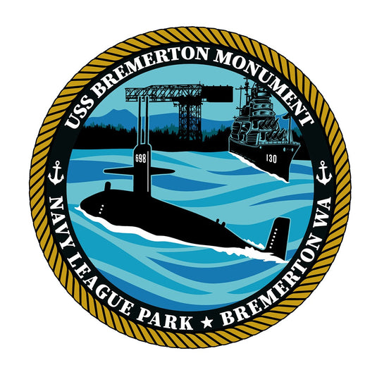 The Quick Transfers Bremerton Sail Memorial Donation features a circular emblem honoring the USS Bremerton SSN-698 at Navy League Park, displaying a submarine, battleship, crane, blue water, and rope border with anchors.