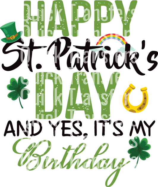 Text with "Happy St Patrick's Day" alongside shamrocks, a leprechaun hat, rainbow, and horseshoe; background has repeated brand name: "Quick Transfers.