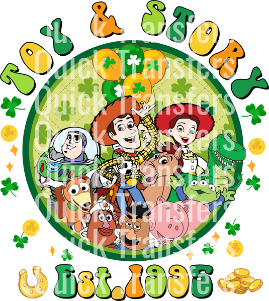 Illustration of animated toy characters in a circle on a festive green background with clovers and gold coins. "Quick Transfers" text overlays repeatedly in white. Product: Whimsical Toy Adventure for Patrick's Day - Ready To Press DTF Transfer by Quick Transfers.