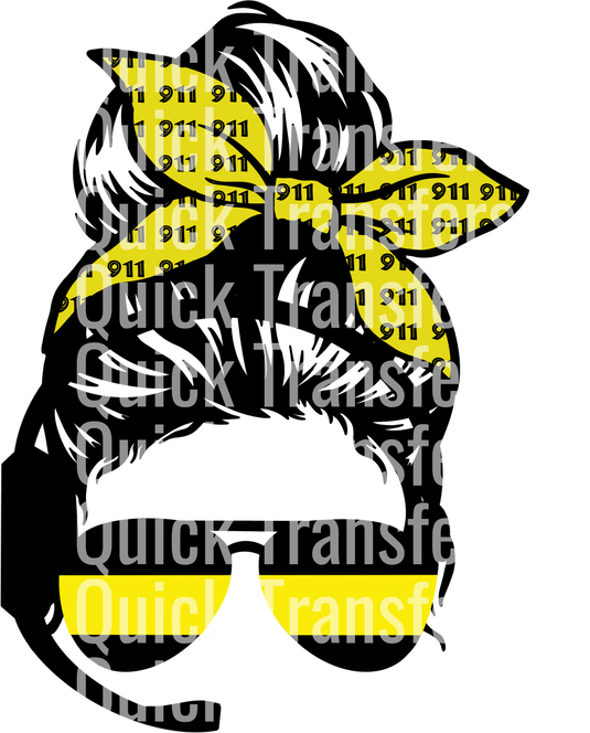 The image displays the "Ready to Press Transfer - Dispatcher Black and Yellow Lady" by Quick Transfers, featuring a dispatcher with a bun hairstyle against a transparent background with yellow currency accent shapes and black text spelling "911" vertically for urgency.