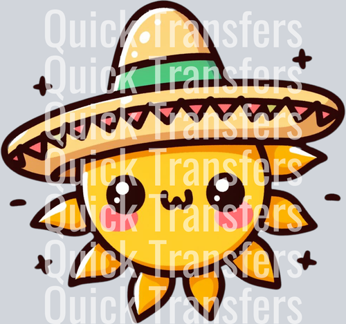 The Adorable Sombrero Sun Kawaii Graphic Ready To Press Transfer by Quick Transfers features a cute cartoon sun in a decorated sombrero with rosy cheeks and big eyes on a light gray background with white floral accents.
