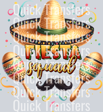 The Quick Transfers Vibrant Fiesta Squad Sombrero Maracas Mustache Transfer is perfect for custom apparel or DTF projects—ready to press for your unique creations!.