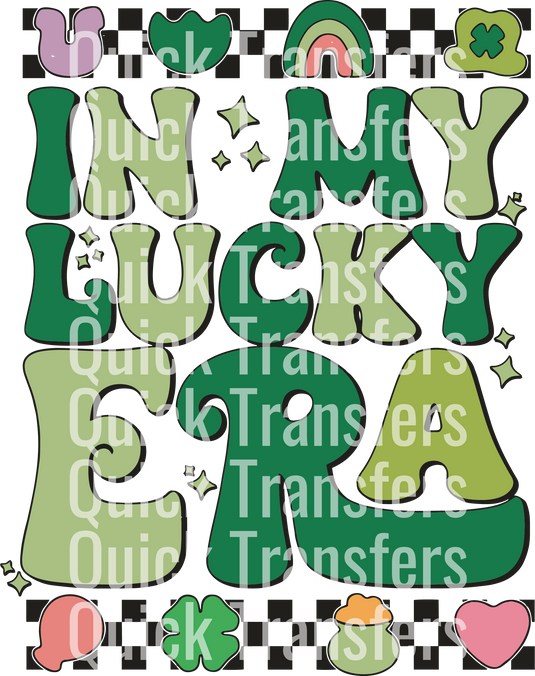 The image showcases the words "Quick Transfers," the brand name, repeated over a vibrant background featuring abstract shapes in green, orange, and pink, alongside playful elements like stars and hearts. This design is part of the "In My Lucky Era St Patricks Day Design - Ready To Press DTF Transfer.