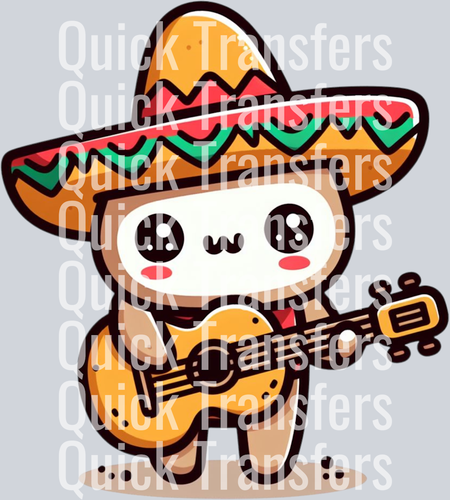 The Adorable Sombrero Guitar Chibi Mariachi Character Transfer by Quick Transfers features a cute cartoon mariachi in a colorful sombrero, playing guitar with vibrant florals. 