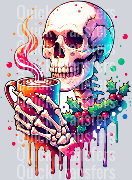 CHRISTMAS SKELETON HOLDING COFFEE PNG