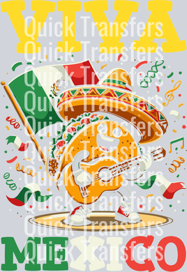 Celebrate in style with the Vibrant Viva Mexico Sombrero Guitar Fiesta DTF Transfer by Quick Transfers—featuring a festive cartoon taco with sombrero, guitar, confetti, and flag. “Viva Mexico” tops and tails this ready-to-press design for bold apparel.