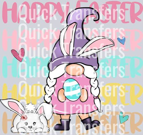 The Adorable Easter Gnome Bunny Pastel Happy Easter Transfer by Quick Transfers features a gnome in a purple hat with an egg and a bunny in a floral crown, 