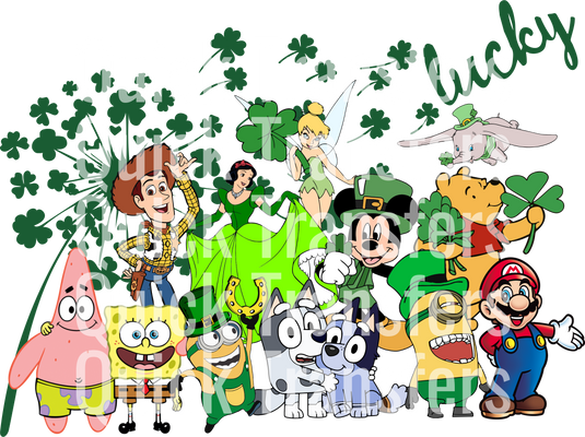 A colorful collage of animated characters like a cowboy, fairy, donkey, and bear against shamrocks features on the "Lucky Charm Design for Vibrant Apparel – Ready To Press DTF Transfer" by Quick Transfers.